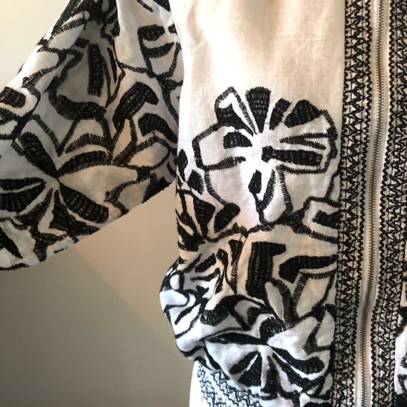 Linen Embroidered Black and White Short Sleeve Jacket zip front size medium - Picture 5 of 14